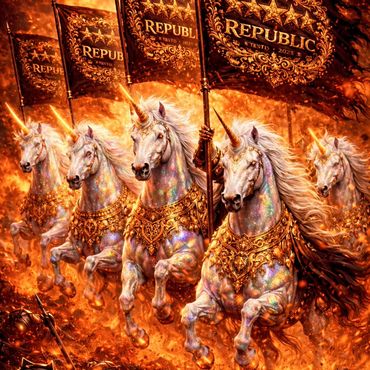 Majestic unicorns adorned in golden armor charge with fiery flags in a blazing battlefield.