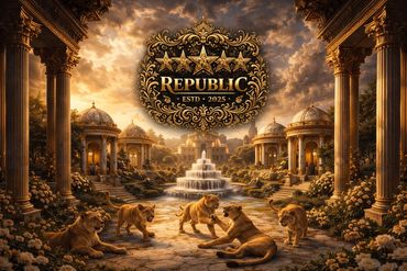 Golden lions in a majestic garden with classical architecture and a fountain under a dramatic sky.