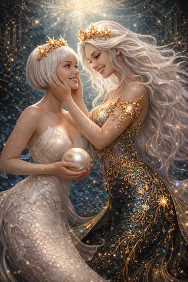 Two elegant women with crowns share a magical moment, glowing with light and beauty.