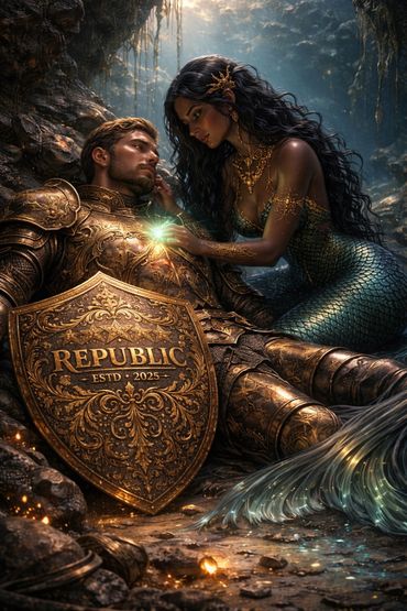A mermaid heals a wounded knight in golden armor with a glowing touch.