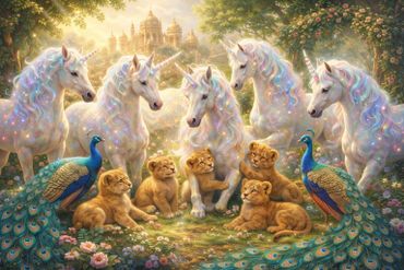 A magical scene with unicorns, lion cubs, and peacocks in a glowing garden.