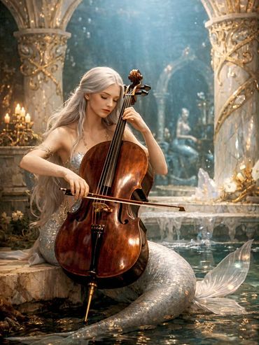 A serene mermaid playing cello in an ornate underwater palace.
