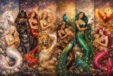 Six glamorous mermaids with jeweled tails pose alongside majestic animals in a sparkling fantasy scene.