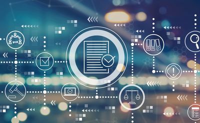 Digital icons representing legal and document management concepts on a blurred city background.