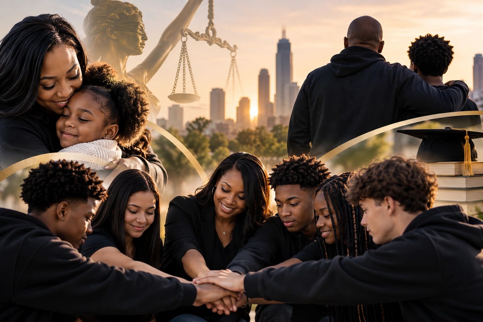 Group of diverse young people joining hands at sunset with city skyline.