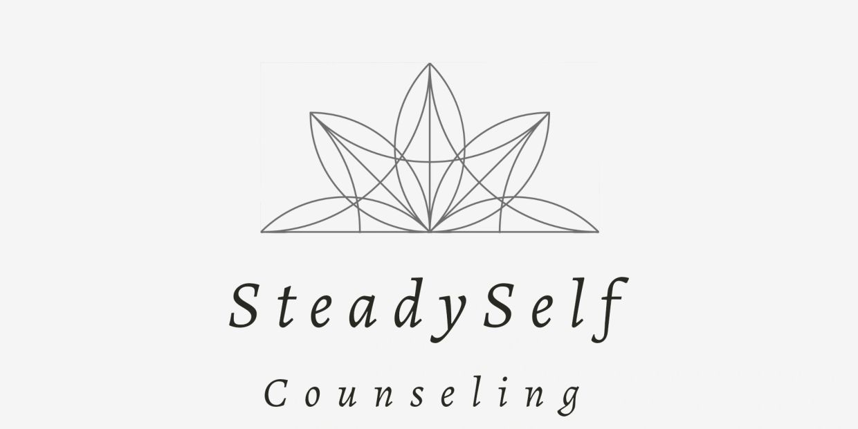 Minimalist logo for SteadySelf Counseling with geometric floral design.