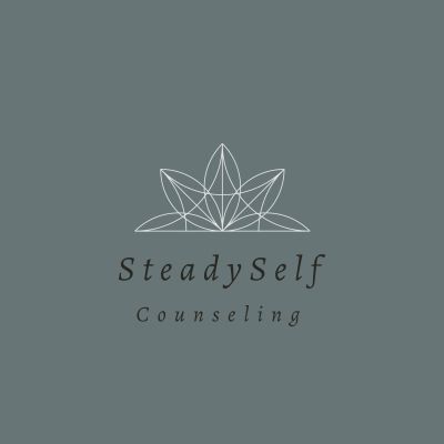Minimalist logo for SteadySelf Counseling with a geometric flower design.