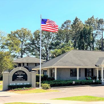 Creel Properties business office with flag