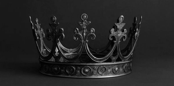 An ornate metal crown with intricate designs on a dark background.