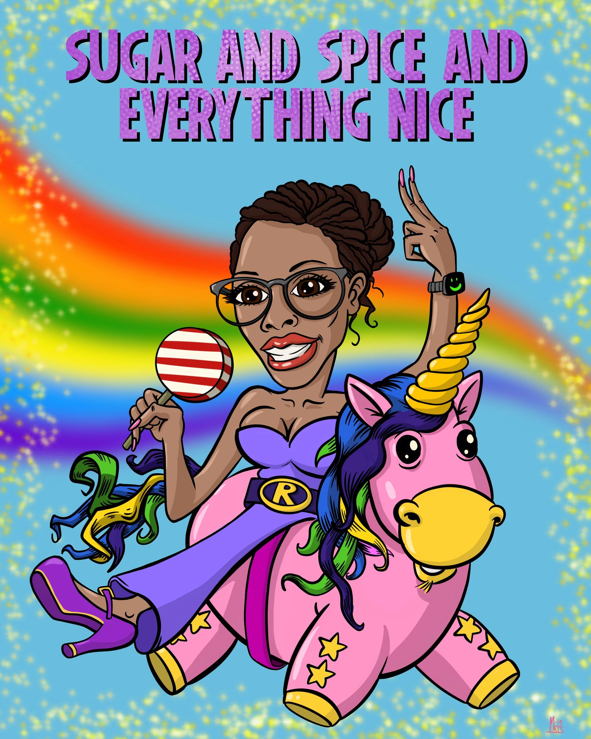 Illustration of a woman on a colorful unicorn with a lollipop.