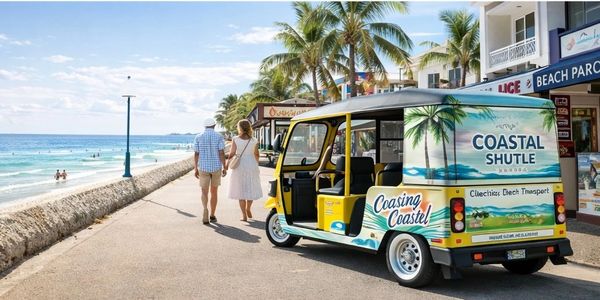 Couple walking by the beach near a colorful coastal shuttle vehicle.