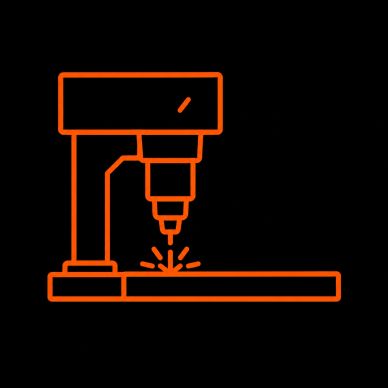 Orange line drawing of a CNC milling machine on black background.