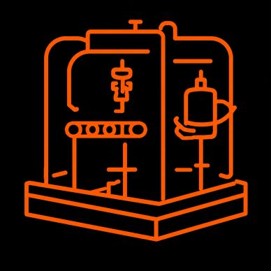 Orange line art of a medical device on a black background.