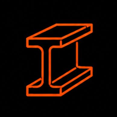 Orange 3D steel I-beam icon on black background.