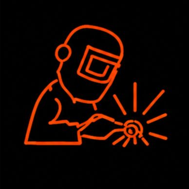 Orange line drawing of a welder at work.