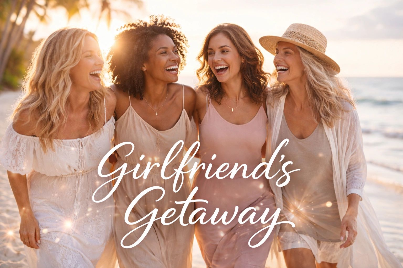 Four joyful women enjoying a beach getaway together at sunset.