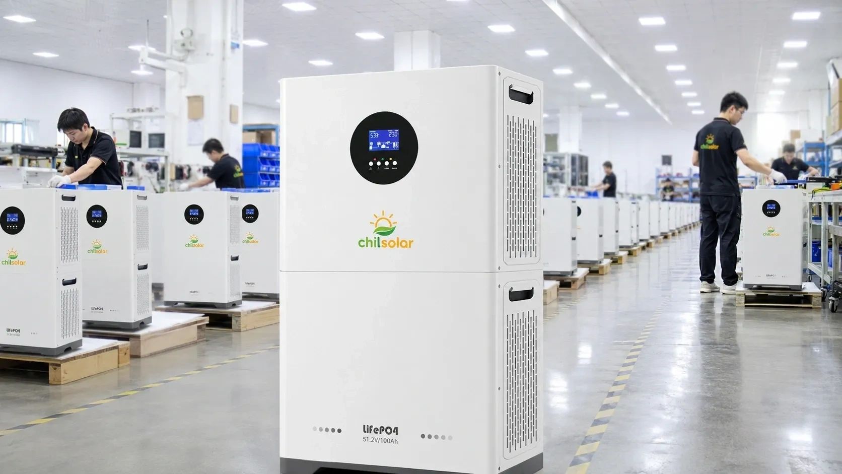 Workers assembling white solar battery units in a modern factory.