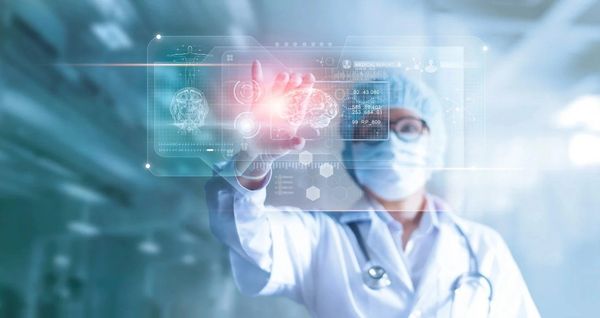 Doctor in a lab coat using a tablet with glowing DNA helix and various medical icons.