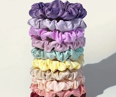 purple, yellow, pink hair scrunches