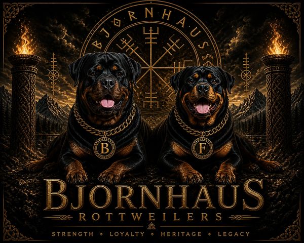 Two Rottweilers with gold chains in a mystical Viking-inspired setting.
