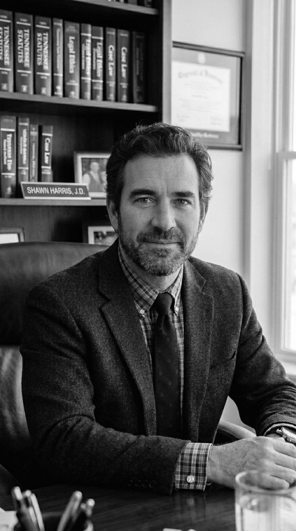 Professional man in suit sitting confidently at an office desk.