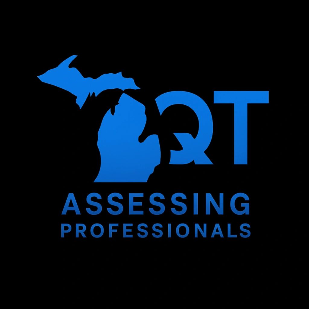 Blue logo with Michigan state map and text 'QT Assessing Professionals' on black background.