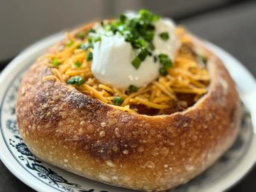 Our sourdough bread bowl filled with chili