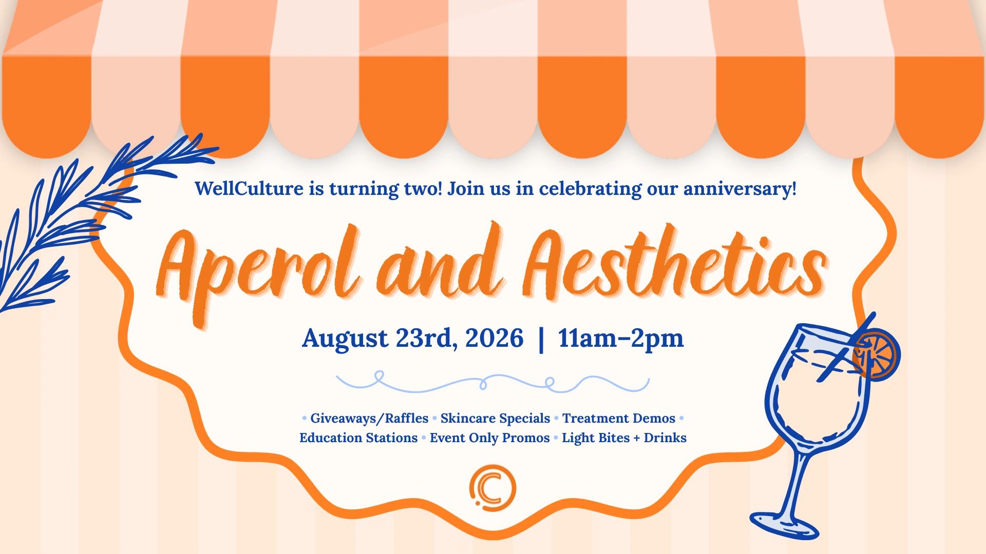 Flyer announcing WellCulture's 2nd anniversary celebration called Aperol and Aesthetics.