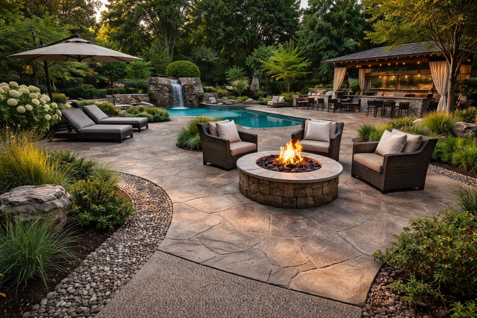 Cozy outdoor patio with fire pit, pool, and lounge seating surrounded by greenery.