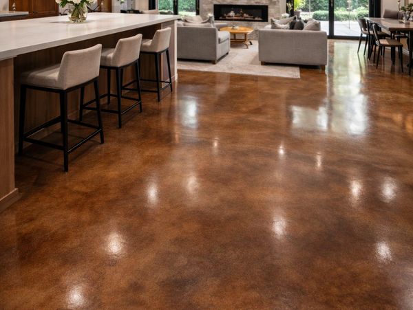 Spacious modern living room with polished brown floor and cozy seating area.