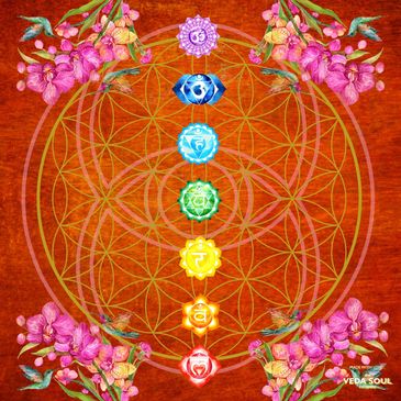 Colorful chakra symbols aligned vertically on a geometric floral background.