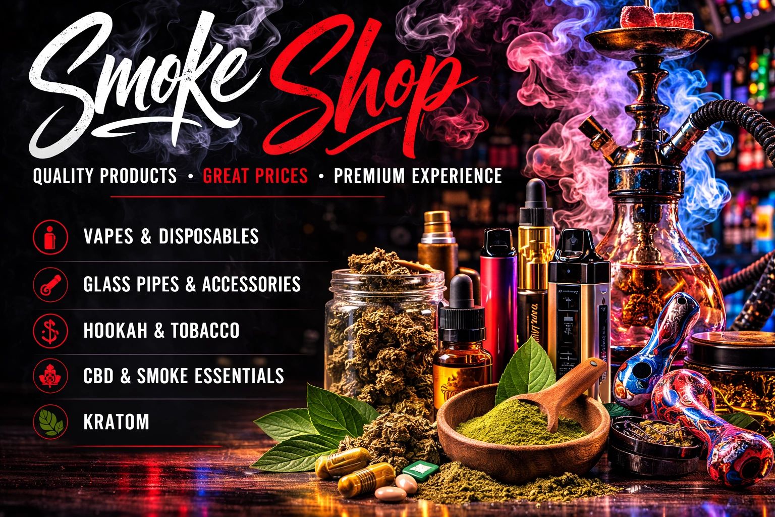 Smoke Shop advertisement featuring vapes, hookah, tobacco, and kratom products.