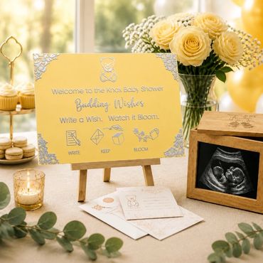 Personalised baby shower acrylic sign, Golden Buttercup palette, gold foil corners
