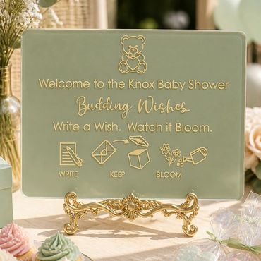 Personalised baby shower acrylic sign, Sage Meadow palette