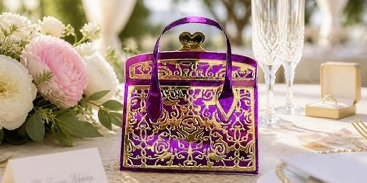 Wrapped by Yogini Maharani Clutch wedding favour, purple and gold laser-cut design