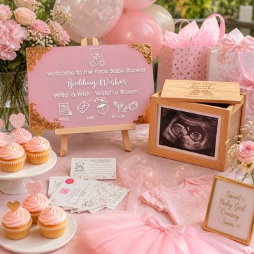 Personalised baby shower acrylic sign, Cherry Blossom palette, rose gold foil corners
