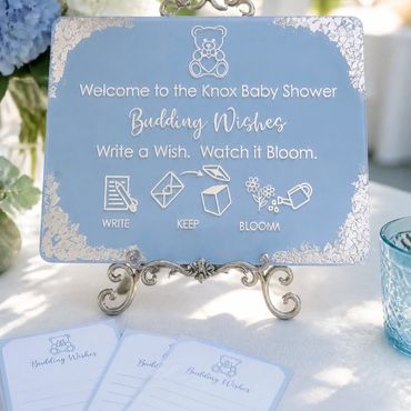 Personalised baby shower acrylic sign, Forget-Me-Not Blue palette, silver foil corners
