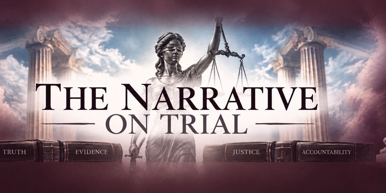 Lady Justice with legal books and The Narrative on Trial text.