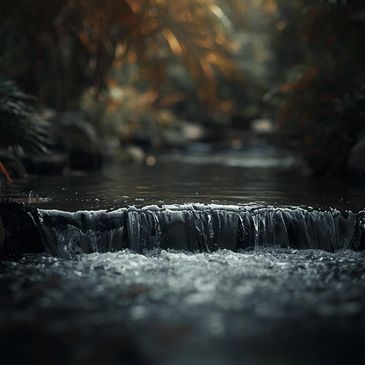 Calm water gently cascades over a small ledge in a dimly lit forest stream.