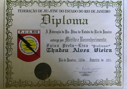 Thadeu Vieira Black Belt diploma signed by Grandmaster Carlos Robson Gracie.