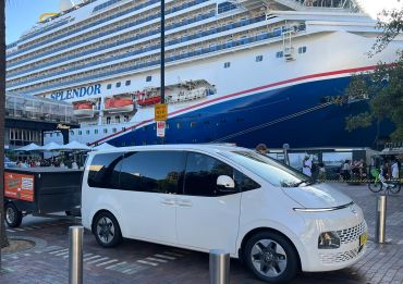 White van parked near a cruise ship at a busy port.