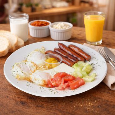 Three fresh eggs cooked sunny side up, served with a homemade grilled sausage.