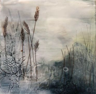encaustic with reeds.  waterscape in blue
