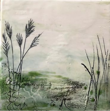 encaustic waterscape in greens and white.  tall reeds and grasses