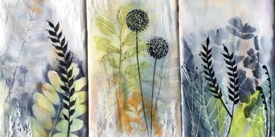 3 little encaustic art cards.   Blues and greens with ink