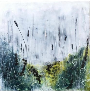 encaustic in blues and greens with inks and tall grasses.  subtle birch trees in background