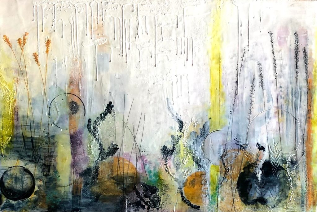 Encaustic with textured drips, lines, and circles.  Inspired by the Ontario Landscape