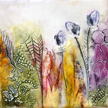 Original encaustic.  3 blue flowers in pinks, greens, and yellows with ink