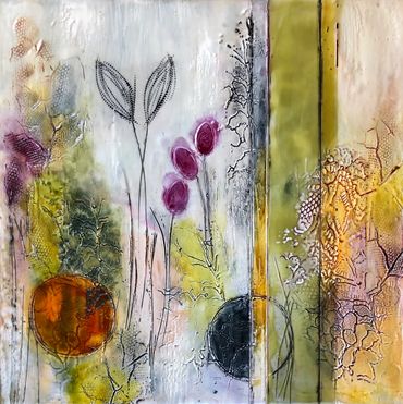 encaustic with magenta flowers and colourful orbs.