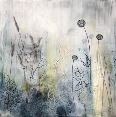 encaustic landscape scene with ink alliums and tall grasses.  Mainly blues and greys